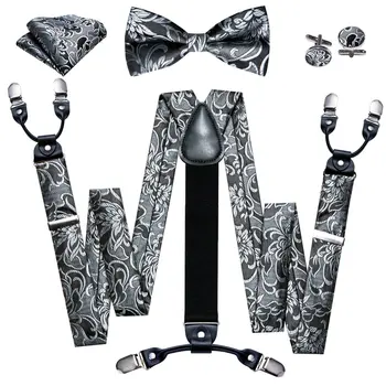 Модные серые подтяжки с цветочным рисунком для мужчин, дизайнерский шелковый жаккардовый Y-образный набор из 6 зажимов, галстук-бабочка, вечерние, свадебные, деловые.Wang BB-046
