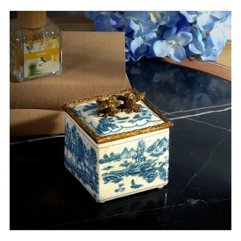 Китайский креативный сине-белый фарфор, роскошная маленькая квадратная коробка для хранения ювелирных изделий, изысканная бытовая керамика 2021 Изображение 0