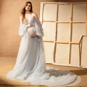 Женское платье для беременных с аппликацией и цветочным рисунком, с оборками в виде сердца, трапециевидной формы, с длинным рукавом для фотосессии, женское платье для беременных Изображение 0