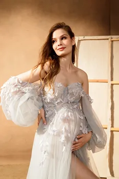 Женское платье для беременных с аппликацией и цветочным рисунком, с оборками в виде сердца, трапециевидной формы, с длинным рукавом для фотосессии, женское платье для беременных Изображение 2