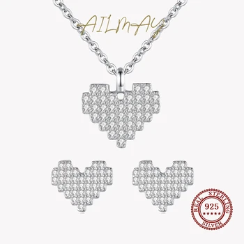 Ailmay Подлинное ожерелье-сердечко из стерлингового серебра 925 пробы, серьги Love Sparkling CZ, Набор для Женщин, подарок на свадьбу, Помолвку, ювелирные изделия