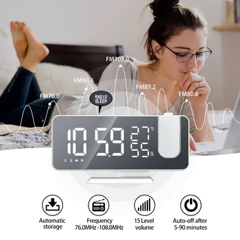 Цифровой будильник Настольные электронные настольные часы USB-будильник FM-радио Проектор времени Функция повтора 2 будильника Изображение 0