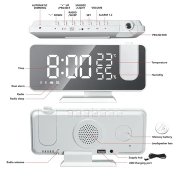 Цифровой будильник Настольные электронные настольные часы USB-будильник FM-радио Проектор времени Функция повтора 2 будильника Изображение 3