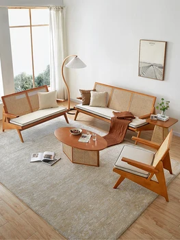 Диван из массива дерева, ротанг, скандинавский ретро проект B & B, диван-кресло, одноместный стул, комбинированный костюм для гостиной, японский двухместный Изображение 0