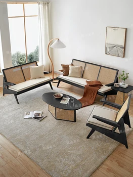Диван из массива дерева, ротанг, скандинавский ретро проект B & B, диван-кресло, одноместный стул, комбинированный костюм для гостиной, японский двухместный Изображение 1