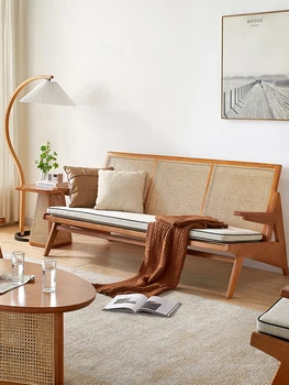 Диван из массива дерева, ротанг, скандинавский ретро проект B & B, диван-кресло, одноместный стул, комбинированный костюм для гостиной, японский двухместный Изображение 2