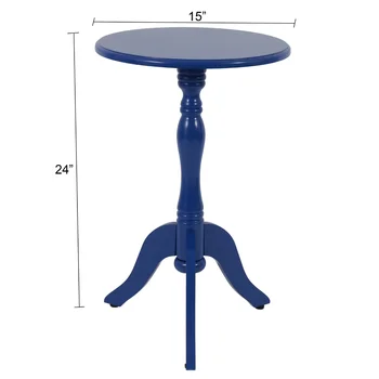 Упрощенный небольшой стол с акцентом из дерева на пьедестале, синяя отделка, Маленький столик, Приставной столик для дивана, Простое и щедрое размещение мелких предметов Изображение 3
