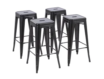 30-дюймовый штабелируемый металлический барный стул, набор из 4 штук, черный цвет, стиль без спинки, полностью собранные табуреты