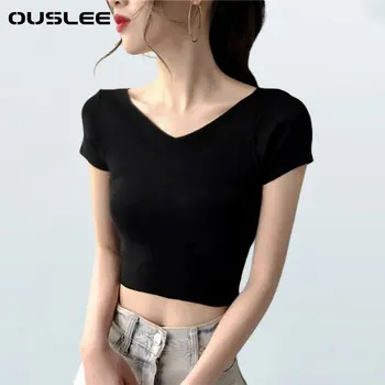 OUSLEE/ Женская летняя футболка с V-образным вырезом, Хлопковые футболки, Укороченный топ с коротким рукавом, Женская Базовая Простая универсальная однотонная стрейчевая футболка