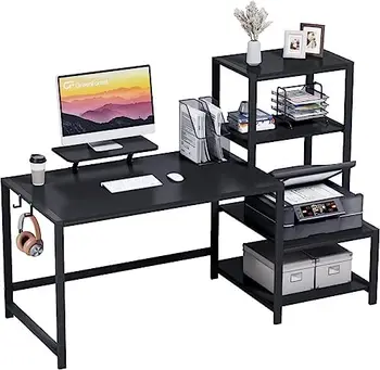 Письменный стол 59 дюймов с полкой для хранения принтера, реверсивный Домашний офисный стол с подвижной подставкой для монитора и 2 крючками для наушников для учебы W
