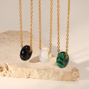 VQYSKO 18-каратное позолоченное ожерелье с круглым кулоном из нержавеющей Стали и натурального камня Для женщин, Подарочный набор ювелирных изделий, матовый Изображение 0