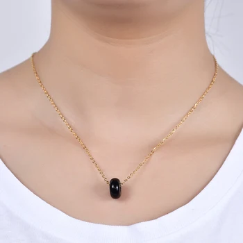 VQYSKO 18-каратное позолоченное ожерелье с круглым кулоном из нержавеющей Стали и натурального камня Для женщин, Подарочный набор ювелирных изделий, матовый Изображение 4