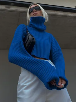 Женский Синий свитер с высоким воротом Y2K, Вязаный укороченный пуловер в рубчик, Осень-зима, Повседневная уличная одежда с длинным рукавом, Теплая одежда