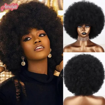 Афро-парик Awahair с высокой Пышностью, Короткие кудрявые парики с челкой, черное Натуральное Омбре, синтетические волосы Для женщин, вечерние парики-Бобы Изображение 0