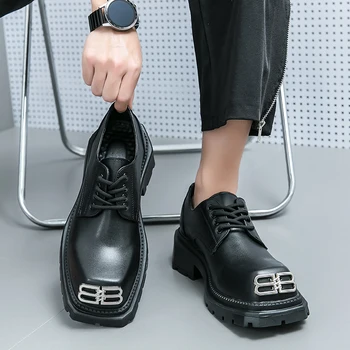 Новая обувь в стиле Дерби На толстой резиновой подошве с квадратным носком, Кожаная Повседневная мужская обувь Simple Tide
