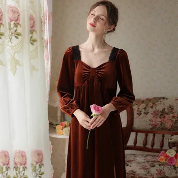 Бархатная пижама, ночная рубашка в дворцовом стиле в стиле Ретро, Осенне-зимняя женская ночная рубашка, Элегантный халат с квадратным вырезом и длинным рукавом, домашняя одежда