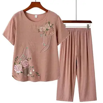 Женская футболка с коротким рукавом, Топ, Брюки с цветочным принтом, Свободная Одежда для отдыха, Домашняя одежда, Костюм для мамы среднего возраста