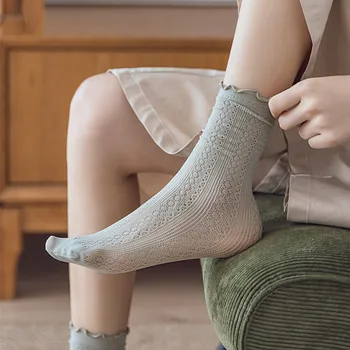 Японские корейские носки для девочек, Хлопковые женские носки, Тонкие полые дышащие сетчатые летние Простые однотонные тонкие носки Изображение 1