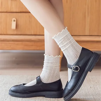 Японские корейские носки для девочек, Хлопковые женские носки, Тонкие полые дышащие сетчатые летние Простые однотонные тонкие носки Изображение 2