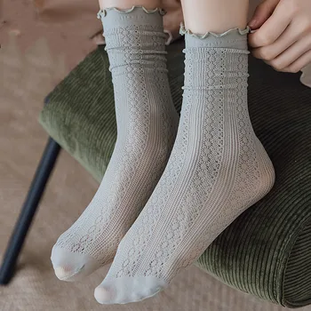 Японские корейские носки для девочек, Хлопковые женские носки, Тонкие полые дышащие сетчатые летние Простые однотонные тонкие носки Изображение 3