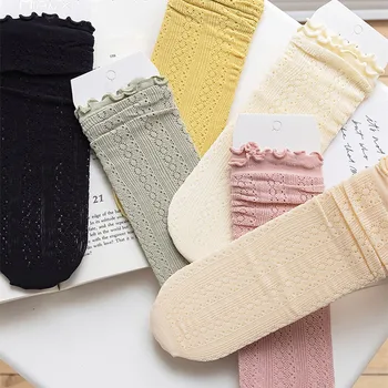 Японские корейские носки для девочек, Хлопковые женские носки, Тонкие полые дышащие сетчатые летние Простые однотонные тонкие носки Изображение 5