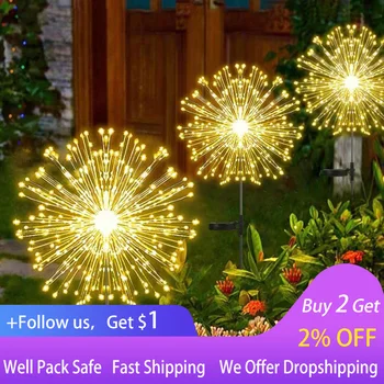Светодиодные Солнечные фейерверки, водонепроницаемые Уличные гирлянды-вспышки в виде одуванчиков, сказочные огни для декора сада, газона Изображение 0