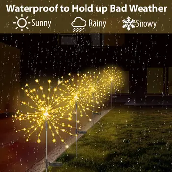 Светодиодные Солнечные фейерверки, водонепроницаемые Уличные гирлянды-вспышки в виде одуванчиков, сказочные огни для декора сада, газона Изображение 1